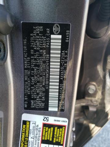 4T1B11HK5KU741138 - 2019 TOYOTA CAMRY L GRAY photo 12