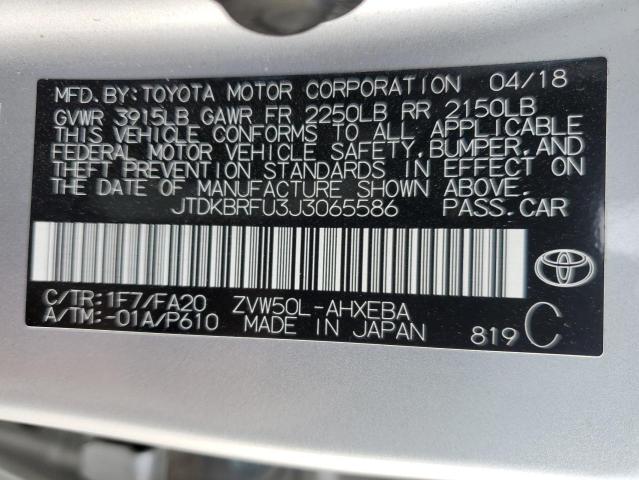 JTDKBRFU3J3065586 - 2018 TOYOTA PRIUS SILVER photo 12