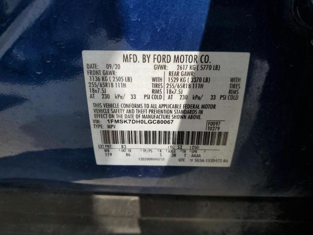 1FMSK7DH0LGC80067 - 2020 FORD EXPLORER XLT BLUE photo 13