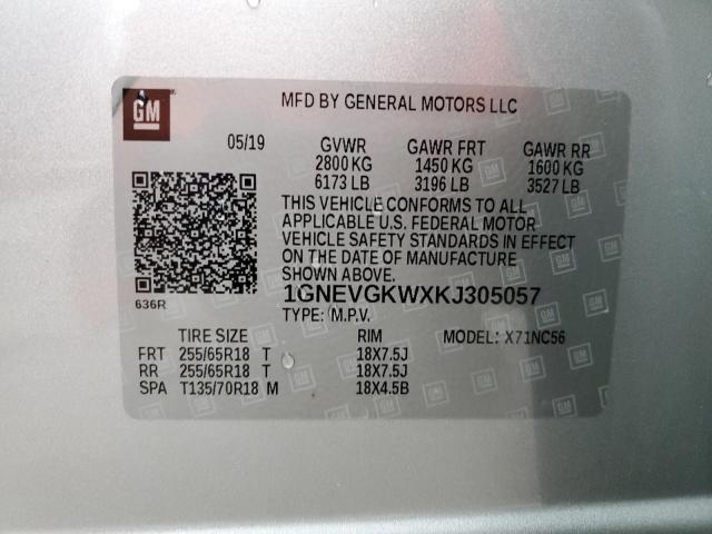 1GNEVGKWXKJ305057 - 2019 CHEVROLET TRAVERSE LT SILVER photo 13