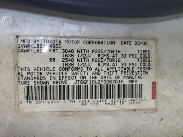 JT6GF10U2Y0067045 - 2000 LEXUS RX 300 CREAM photo 12