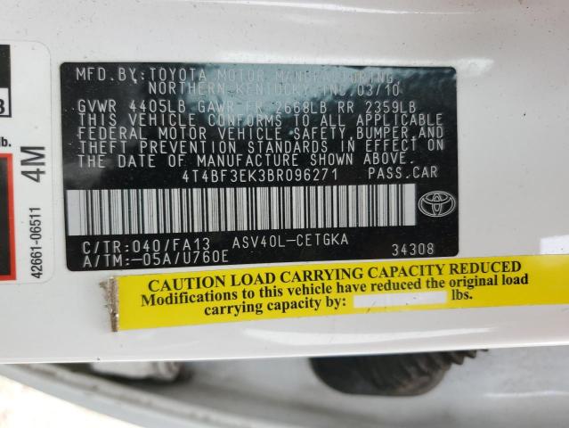 4T4BF3EK3BR096271 - 2011 TOYOTA CAMRY BASE WHITE photo 12