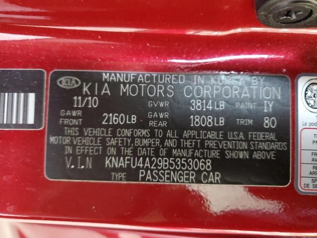 KNAFU4A29B5353068 - 2011 KIA FORTE EX RED photo 12