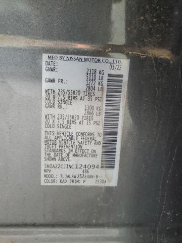 5N1AZ2CJ1NC124094 - 2022 NISSAN MURANO SL GRAY photo 12