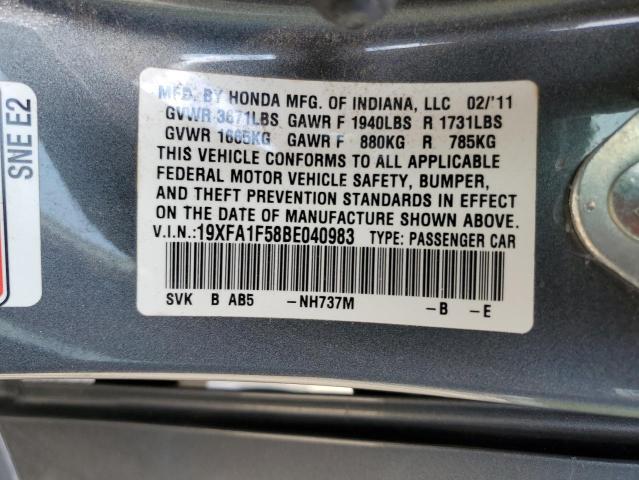 19XFA1F58BE040983 - 2011 HONDA CIVIC LX GRAY photo 12