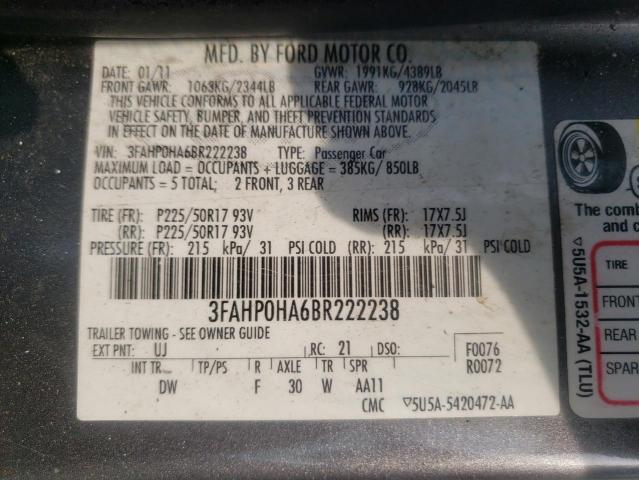 3FAHPGHABBR222238 - 2011 FORD FUSION GRAY photo 10