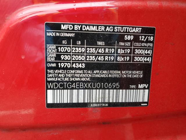 WDCTG4EBXKU010695 - 2019 MERCEDES-BENZ GLA 250 წითელი ფოტო 13