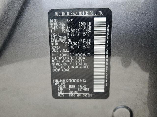 JN8AY2CD0N9675443 - 2022 NISSAN ARMADA PLATINUM GRAY photo 13