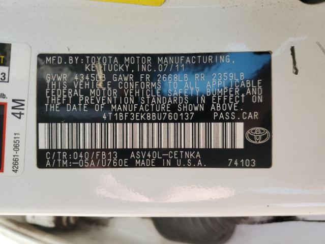 4T1BF3EK8BU760137 - 2011 TOYOTA CAMRY BASE WHITE photo 12