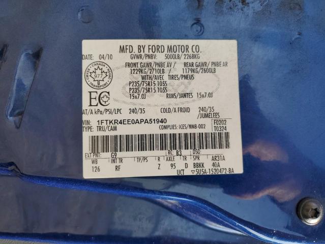 1FTKR4EE0APA51940 - 2010 FORD RANGER SUPER CAB BLUE photo 12