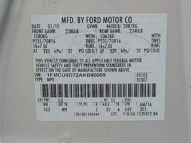 1FMCU9D72AKB90009 - 2010 FORD ESCAPE XLT SILVER photo 13