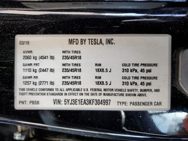 5YJ3E1EA3KF304997 - 2019 TESLA MODEL 3 BLACK photo 13