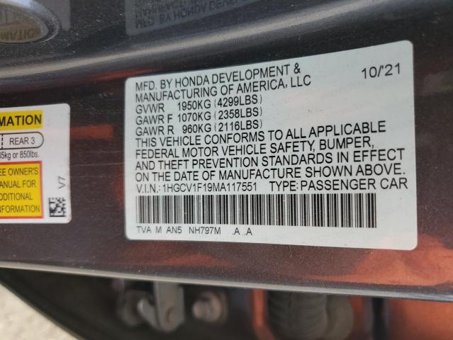 1HGCV1F19MA117551 - 2021 HONDA ACCORD LX GRAY photo 10