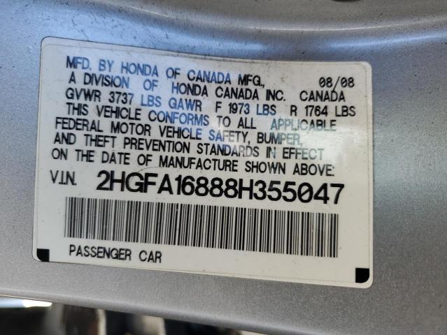 2HGFA16888H355047 - 2008 HONDA CIVIC EX SILVER photo 12