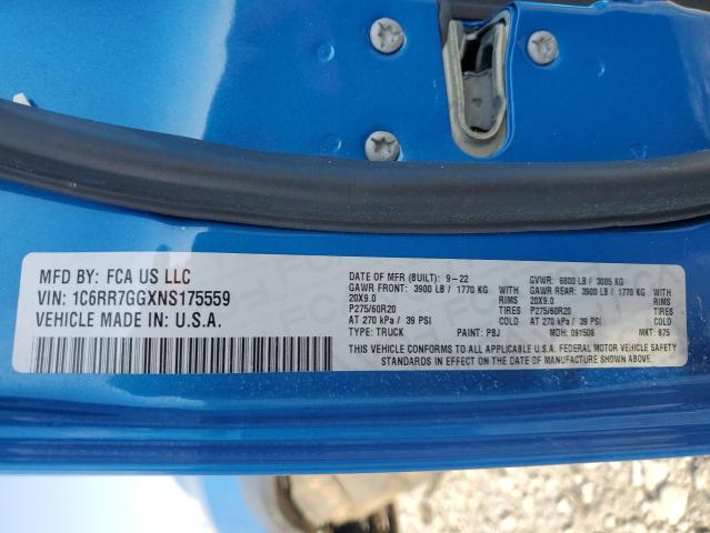 1C6RR7GGXNS175559 - 2022 RAM 1500 CLASS SLT ლურჯი ფოტო 13