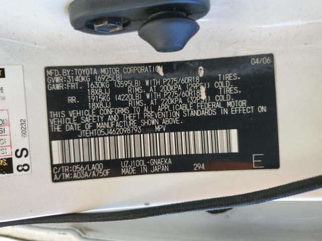 JTEHT05J462098793 - 2006 TOYOTA LAND CRUIS WHITE photo 13