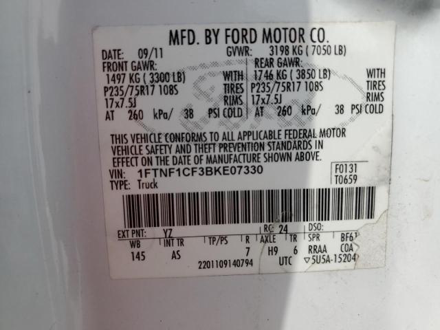 1FTNF1CF3BKE07330 - 2011 FORD F150 WHITE photo 12