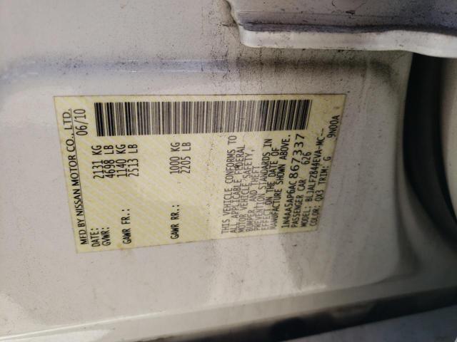 1N4AA5AP6AC867337 - 2010 NISSAN MAXIMA S WHITE photo 13