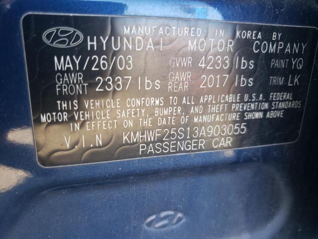 KMHWF25S13A903055 - 2003 HYUNDAI SONATA GL BLUE photo 12