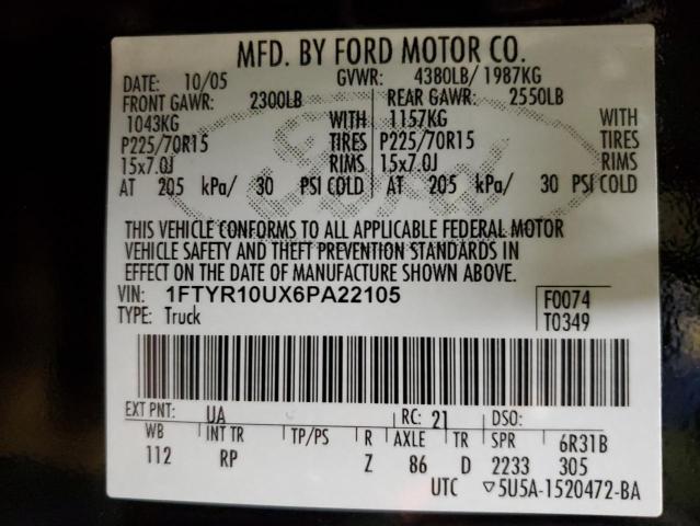 1FTYR10UX6PA22105 - 2006 FORD RANGER BLACK photo 13