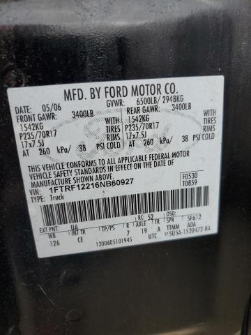 1FTRF12216NB60927 - 2006 FORD F150 BLACK photo 12