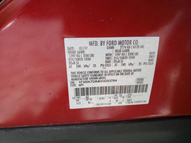 1FM5K7D84HGD53784 - 2017 FORD EXPLORER XLT RED photo 13