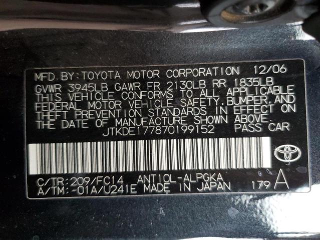 JTKDE177870199152 - 2007 TOYOTA SCION TC შავი ფოტო 12