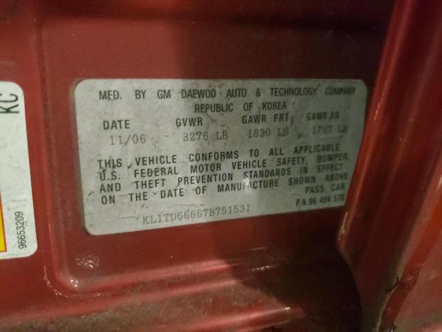KL1TD66667B751531 - 2007 CHEVROLET AVEO BASE Qırmızı foto 12