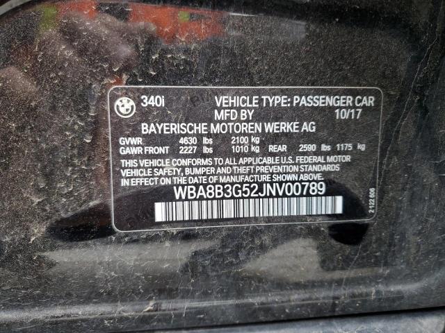 WBA8B3G52JNV00789 - 2018 BMW 340 I BLACK photo 12