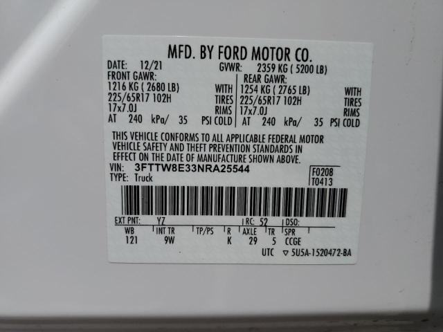 3FTTW8E33NRA25544 - 2022 FORD MAVERICK XL WHITE photo 12