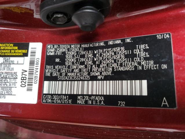 5TDZA23C35S246325 - 2005 TOYOTA SIENNA CE BURGUNDY photo 13