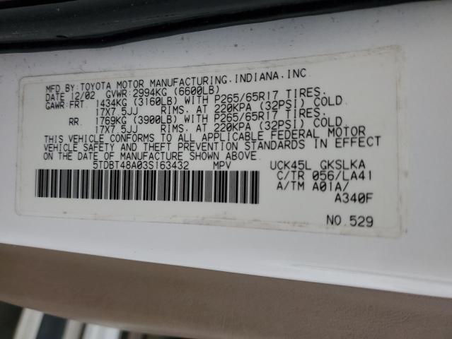 5TDBT48A03S163432 - 2003 TOYOTA SEQUOIA LIMITED WHITE photo 13