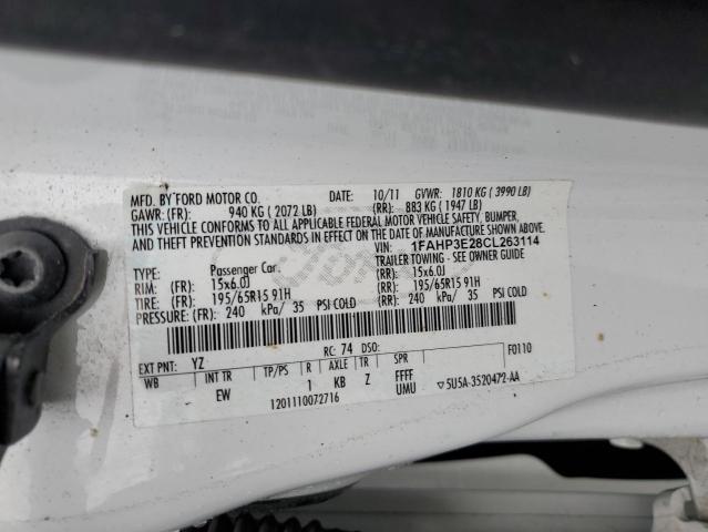 1FAHP3E28CL263114 - 2012 FORD FOCUS S WHITE photo 12