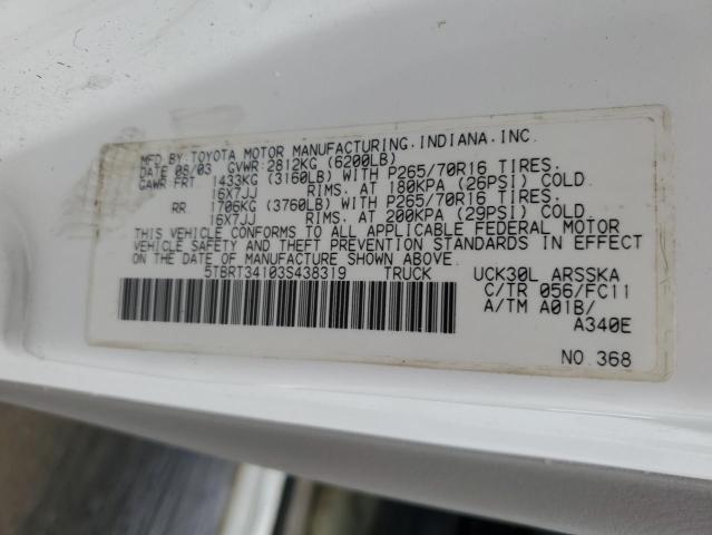 5TBRT34103S438319 - 2003 TOYOTA TUNDRA ACCESS CAB SR5 WHITE photo 13