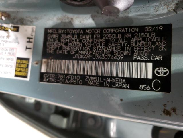 JTDKARFU7K3074439 - 2019 TOYOTA PRIUS BLUE photo 12