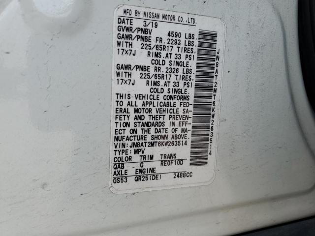 JN8AT2MT6KW263514 - 2019 NISSAN ROGUE S WHITE photo 12
