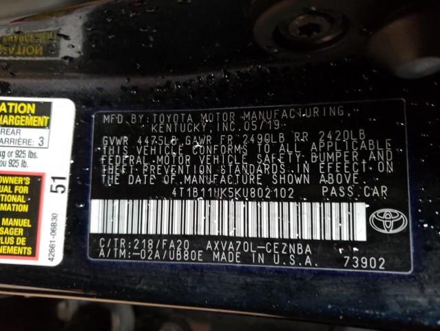 4T1B11HK5KU802102 - 2019 TOYOTA CAMRY L BLACK photo 12