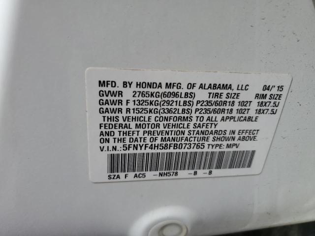 5FNYF4H58FB073765 - 2015 HONDA PILOT EXL WHITE photo 13