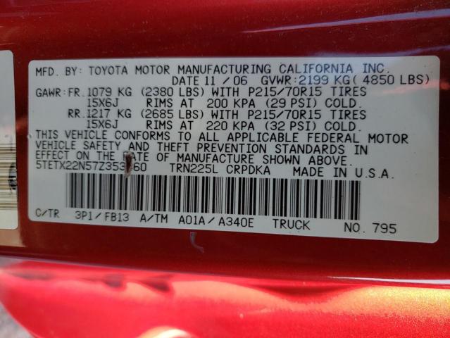 5TETX22N57Z353860 - 2007 TOYOTA TACOMA ACCESS CAB ბურგუნდია ფოტო 12