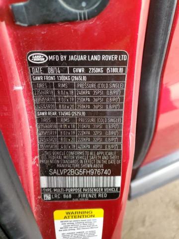 SALVP2BG5FH976740 - 2015 LAND ROVER RANGE ROVE PURE PLUS RED photo 12