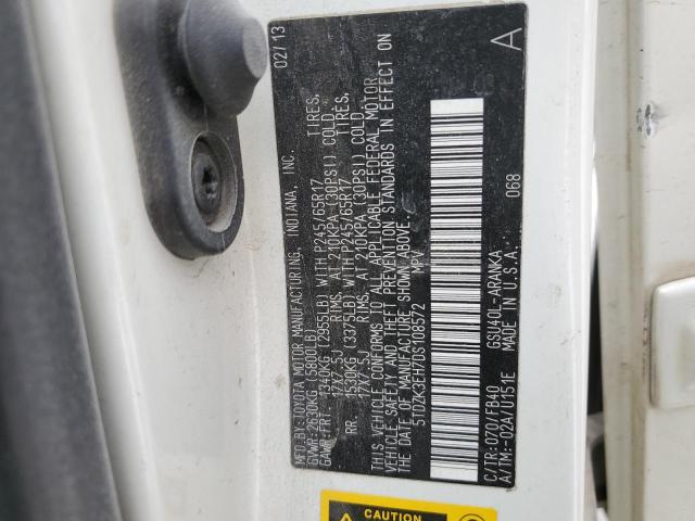 5TDZK3EH7DS108572 - 2013 TOYOTA HIGHLANDER BASE WHITE photo 13