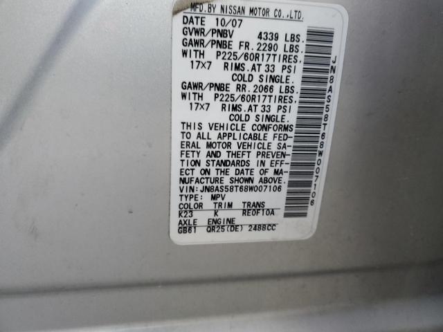 JN8AS58T68W007106 - 2008 NISSAN ROGUE S SILVER photo 12