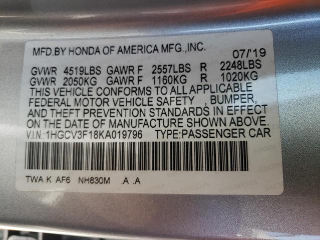 1HGCV3F18KA019796 - 2019 HONDA ACCORD HYBRID SILVER photo 12