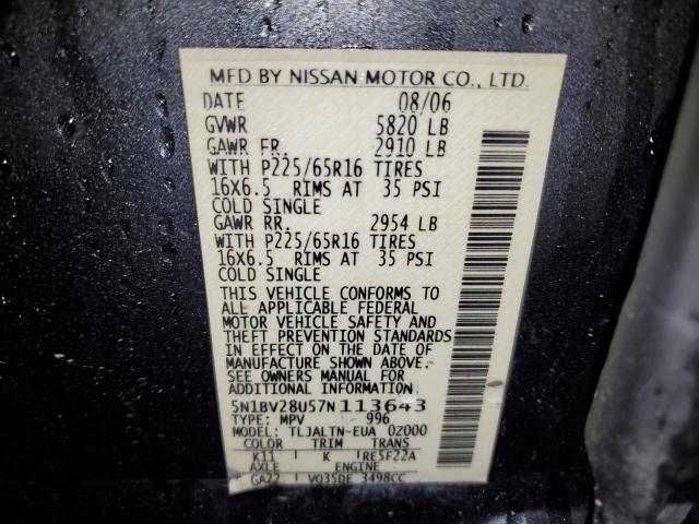 5N1BV28U57N113643 - 2007 NISSAN QUEST S GRAY photo 13