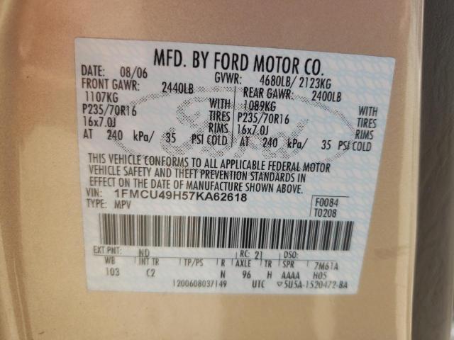 1FMCU49H57KA62618 - 2007 FORD ESCAPE HEV TAN photo 12