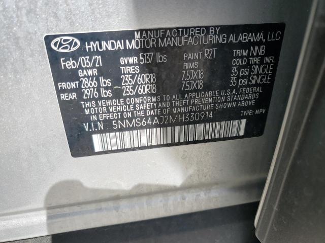 5NMS64AJ2MH330914 - 2021 HYUNDAI SANTA FE SEL Plata foto 12