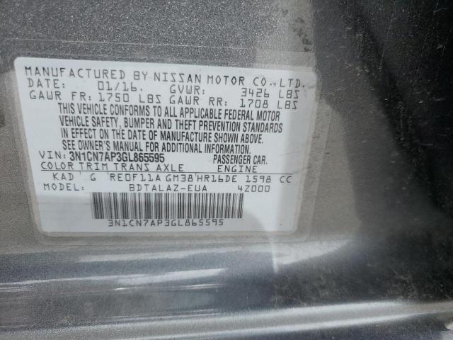 3N1CN7AP3GL865595 - 2016 NISSAN VERSA S CHARCOAL photo 12