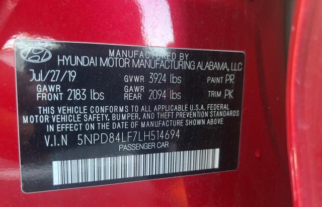 5NPD84LF7LH514694 - 2020 HYUNDAI ELANTRA SEL RED photo 10