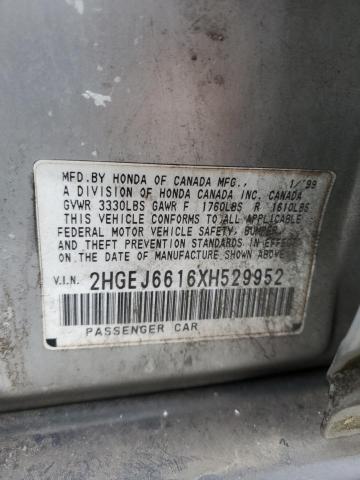 2HGEJ6616XH529952 - 1999 HONDA CIVIC BASE SILVER photo 12