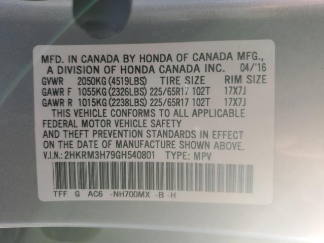 2HKRM3H79GH540801 - 2016 HONDA CR-V EXL SILVER photo 12